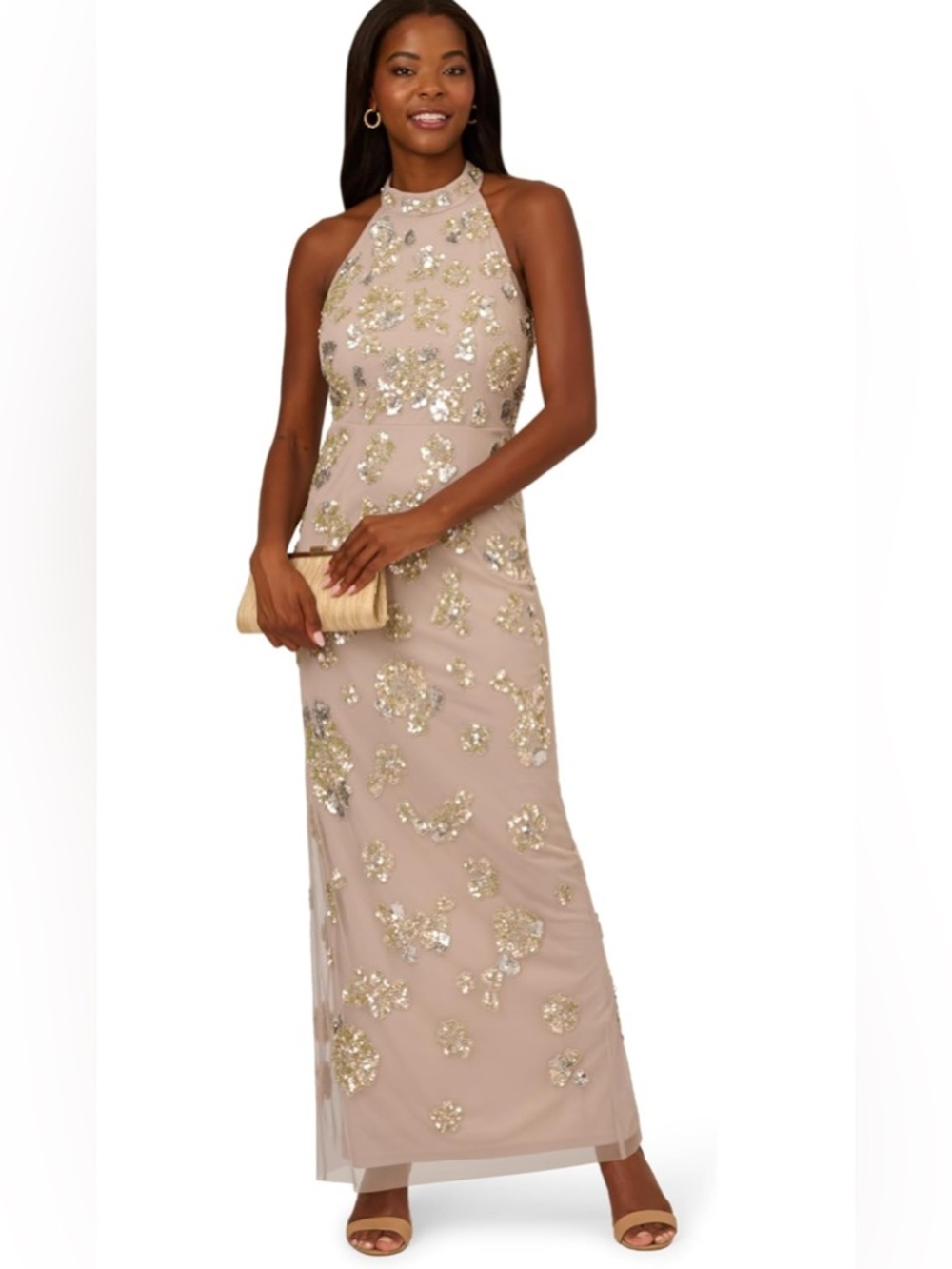 NWT Adrianna Papell Sequin, Beaded Floral High Neck Column Formal Gown Size 14